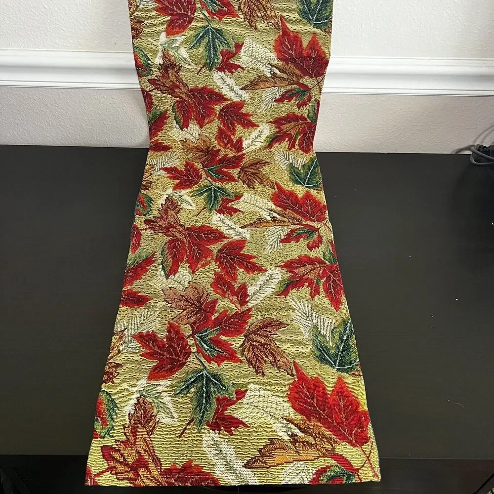 Vintage Tapestry Table Runner Autumn Fall Leaves Orange Red‎ Yellow 12x68